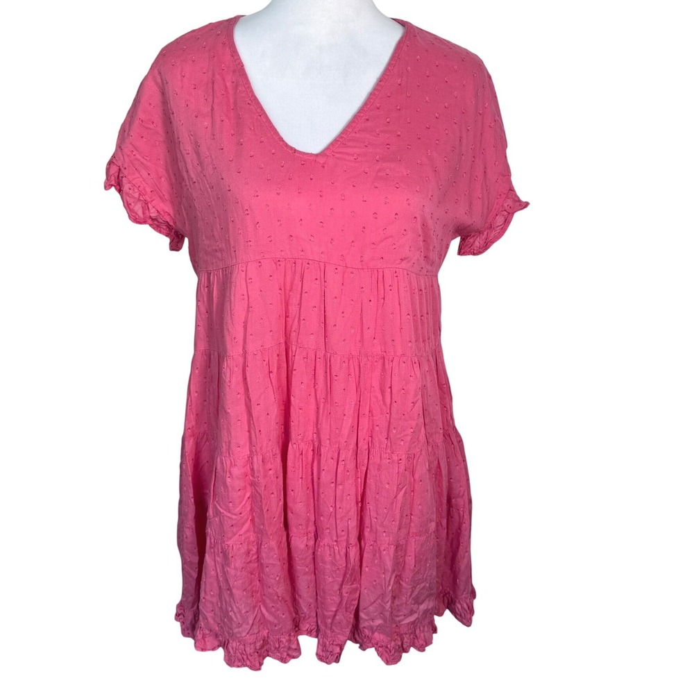 ANGIE Women's Medium Pink Clip Dot Tiered Dress V-Neck Ruffle‎ Sleeve Boho Dress